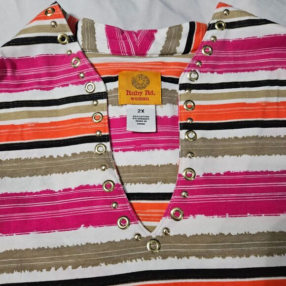 Ruby Rd. Womens Blouse Multi-Color Size 2X Cotton Blend 3/4 Sleeve Stretch - Picture 8 of 12